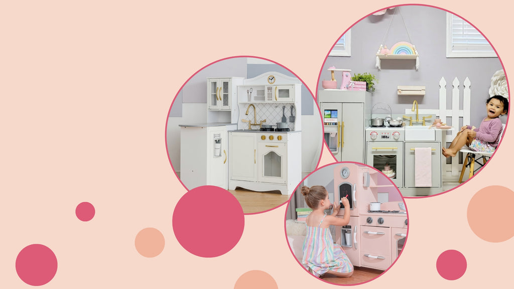 Banner image showcasing three different play kitchens from Teamson. Banner is on a pink background with colorful pink dots.