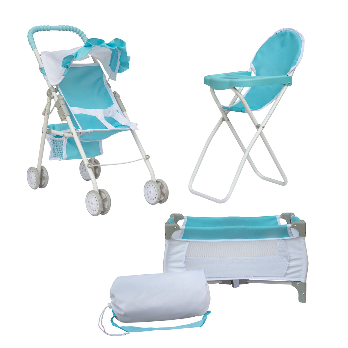 Dolls pram cot on sale high chair set