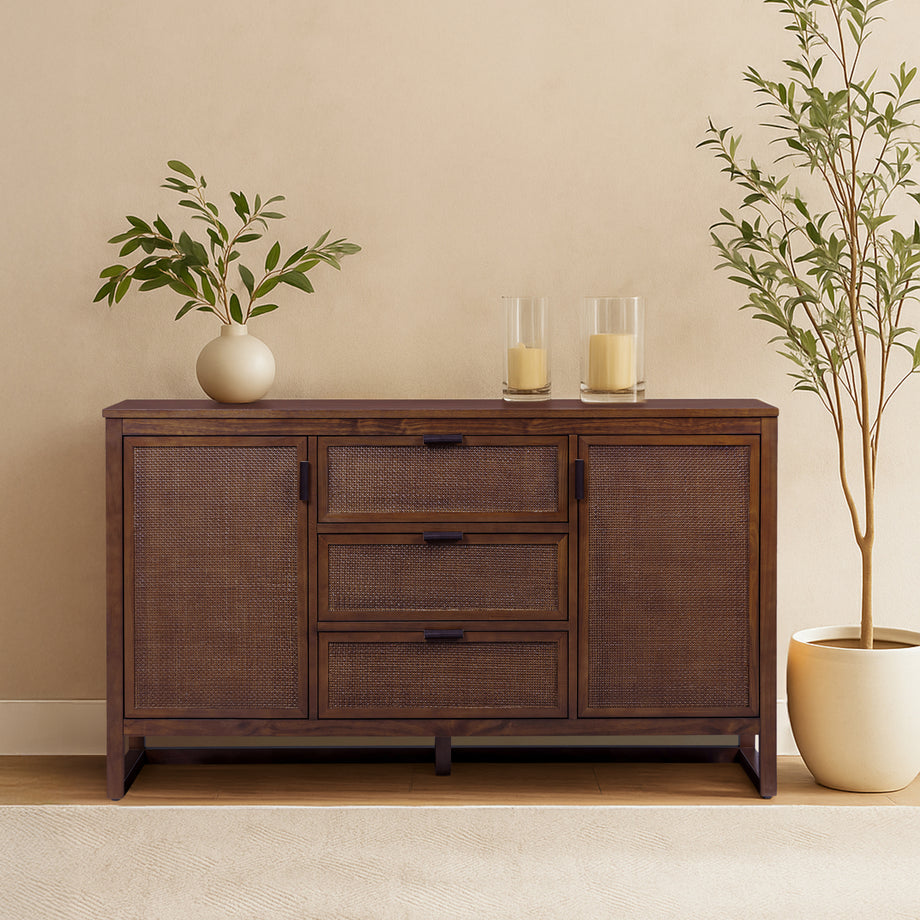 Hatteras Walnut Sideboard 3 Drawers Rattan Doors | Teamson Home