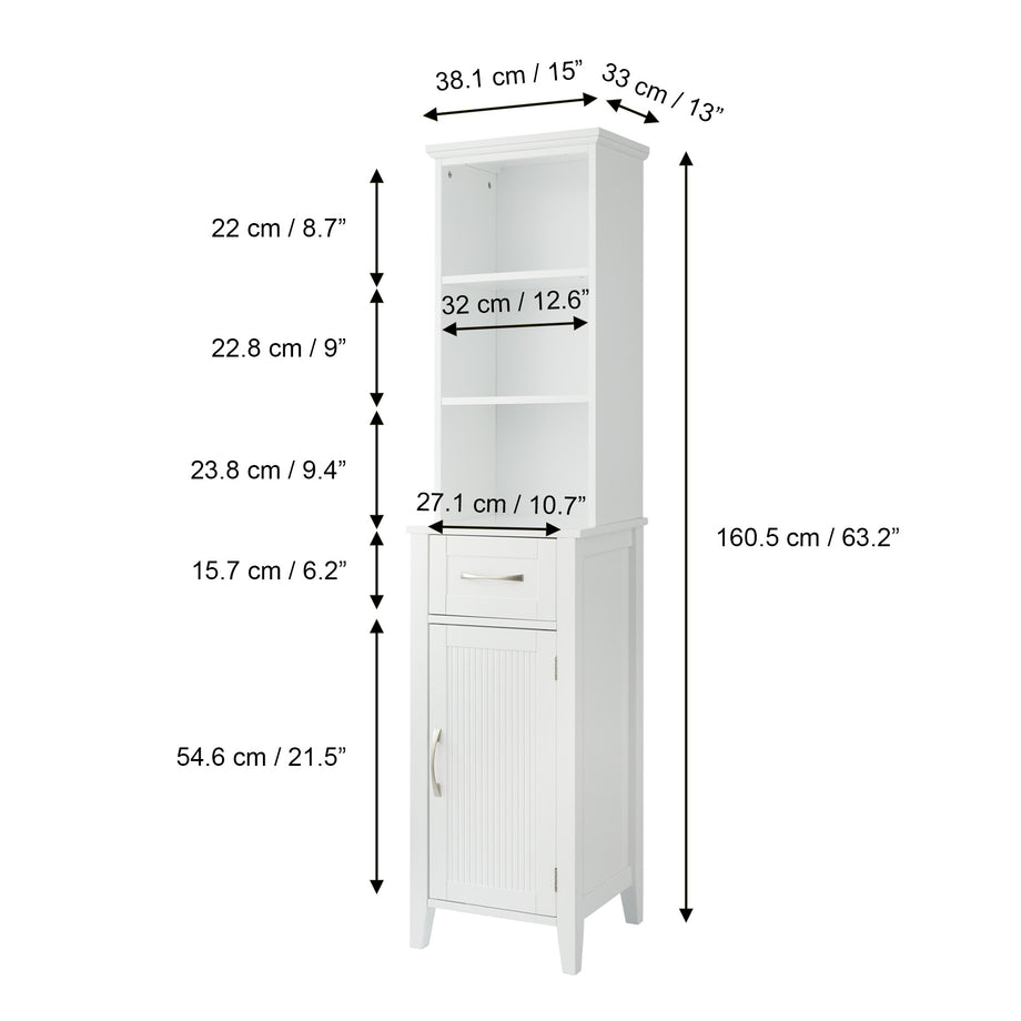 Teamson Home Wooden Bathroom Furniture Tall Cabinet Free Standing Linen Tower White