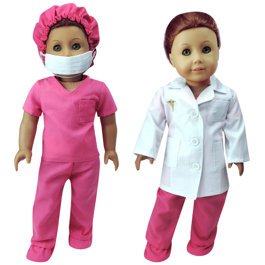 Sophia s by Teamson Kids 6 Piece Baby Dolls Clothes Set 18 Doll Doctor Scrubs and Lab Coat Outfit Set with Accessories and Doll Shoes Pink White