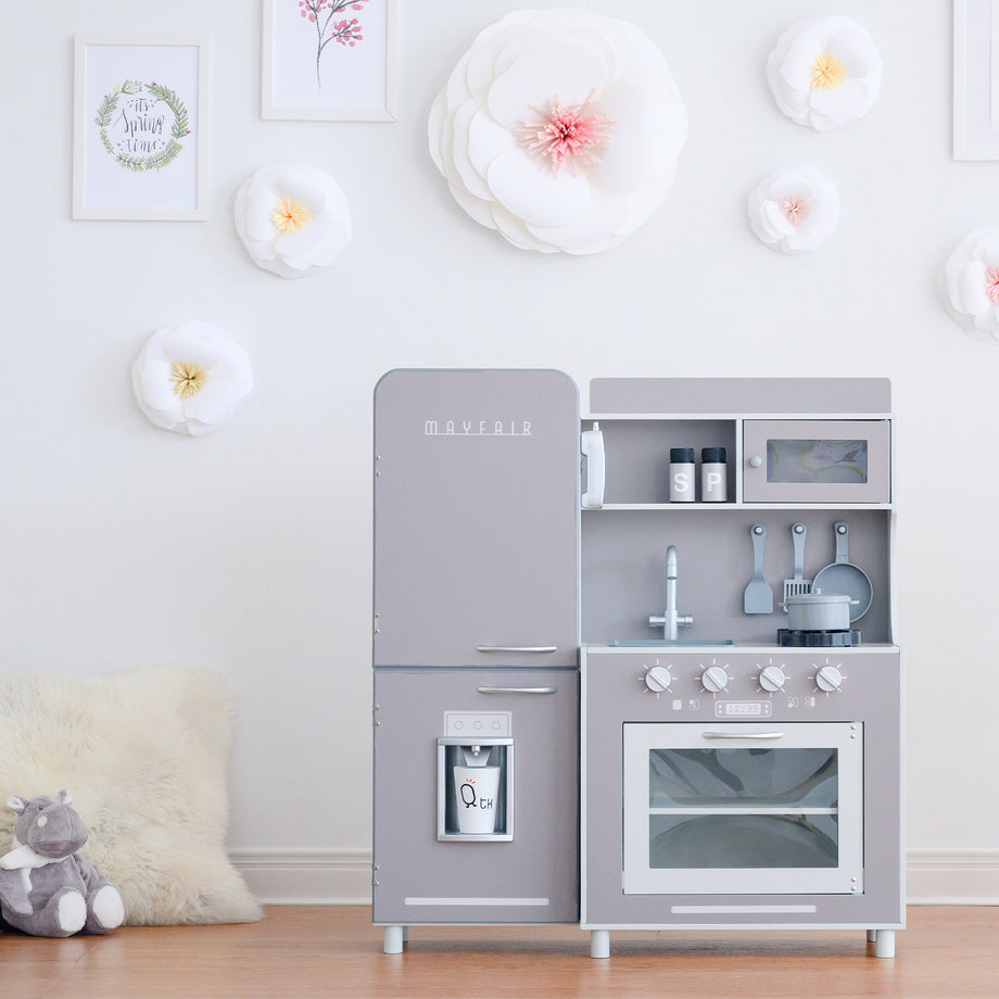 Grey wooden play kitchen on sale