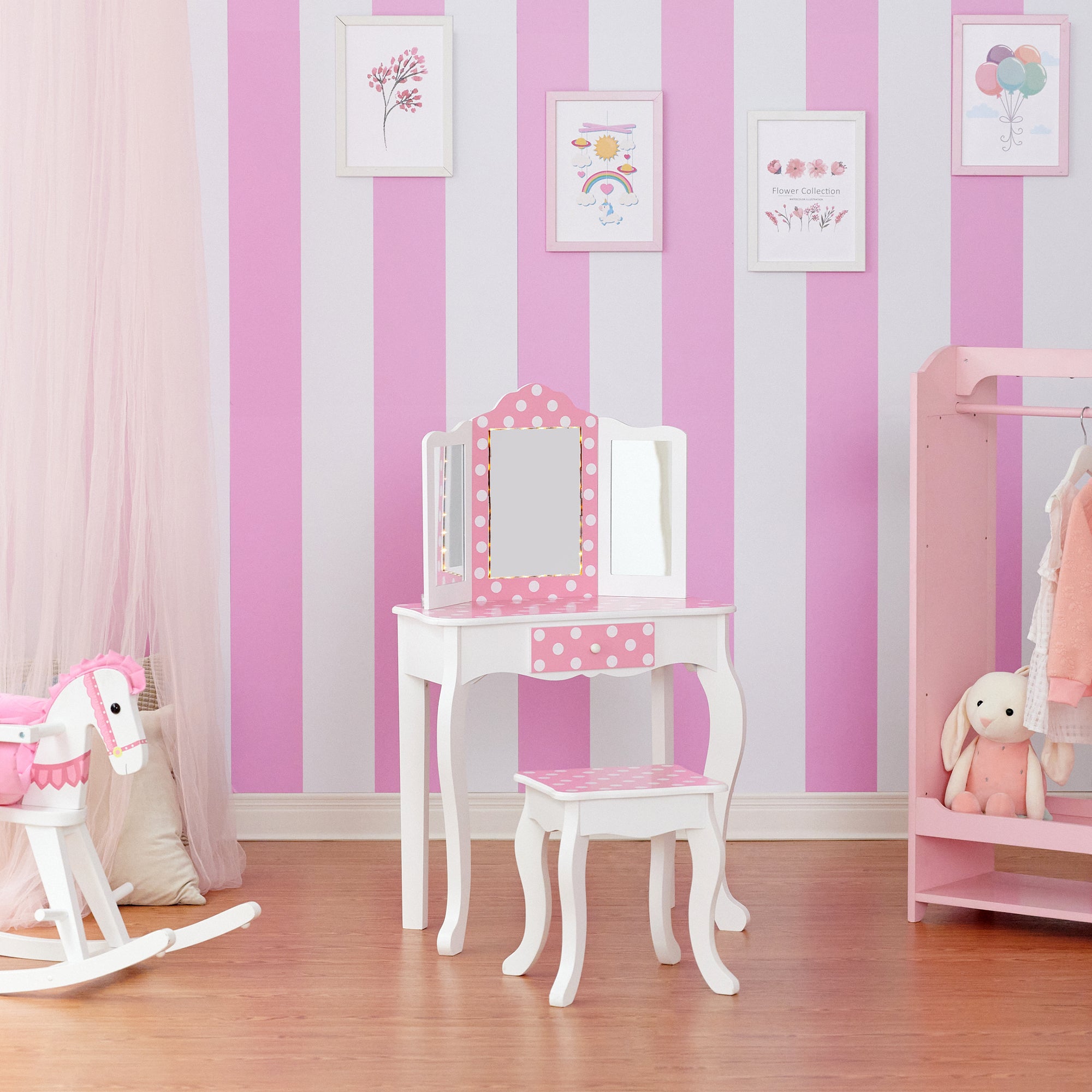 Teamson Prints – LED Fashion Kids Dot UK Teamson 2-pc White/Pink Vanity, Polka Wooden Gisele